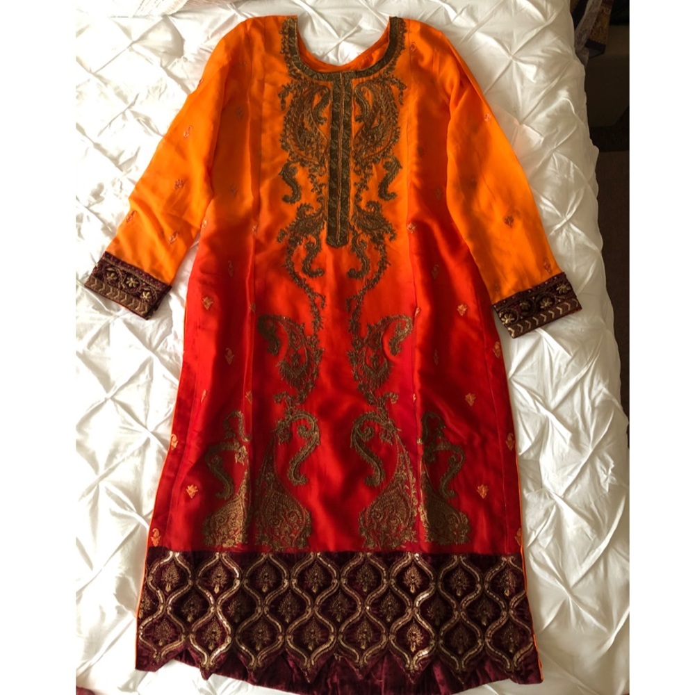 Embroidered Orange to Red Ombre Long Sleeve Women's Dress